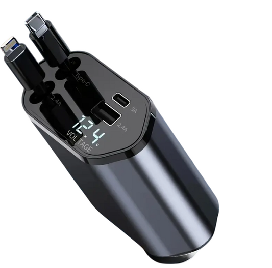 4-in-1 Retractable Car Charger, 66W Quick Charge, with 2 USB Ports, 180° Adjustable Base,