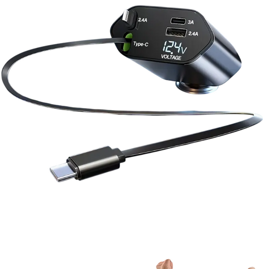4-in-1 Retractable Car Charger, 66W Quick Charge, with 2 USB Ports, 180° Adjustable Base,